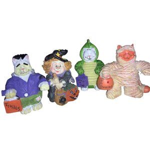 Halloween Figurines Set Of 4 - Witch Mummy Dinosaur & Frankenstein Designs